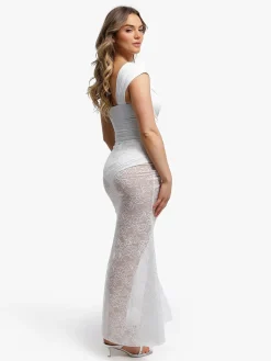 Shapewear Cap Sleeve Bodysuit Lace Fishtail Coverup Skirt Set