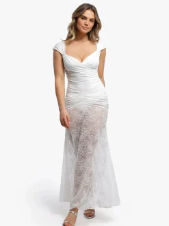 Shapewear Cap Sleeve Bodysuit Lace Fishtail Coverup Skirt Set