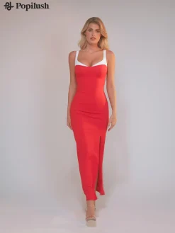 Shapewear Contrast Trim Built-In Sculpting Maxi Dress