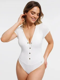 Shapewear Deep V-Neck Button Front Sculpting Bodysuit