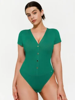 Shapewear Deep V-Neck Button Front Sculpting Bodysuit