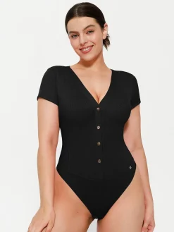 Shapewear Deep V-Neck Button Front Sculpting Bodysuit