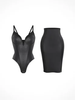 Shapewear Deep V-Neck Leather Bodysuit Slit Midi Skirt Set