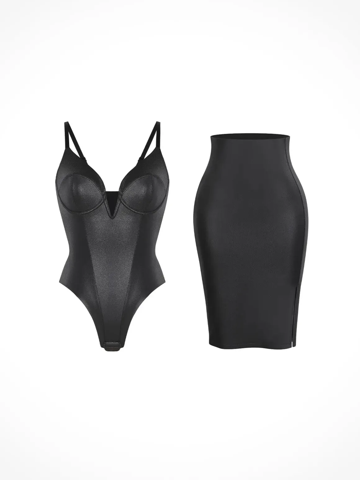 Shapewear Deep V-Neck Leather Bodysuit Slit Midi Skirt Set