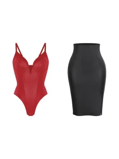 Shapewear Deep V-Neck Leather Bodysuit Slit Midi Skirt Set