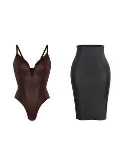 Shapewear Deep V-Neck Leather Bodysuit Slit Midi Skirt Set