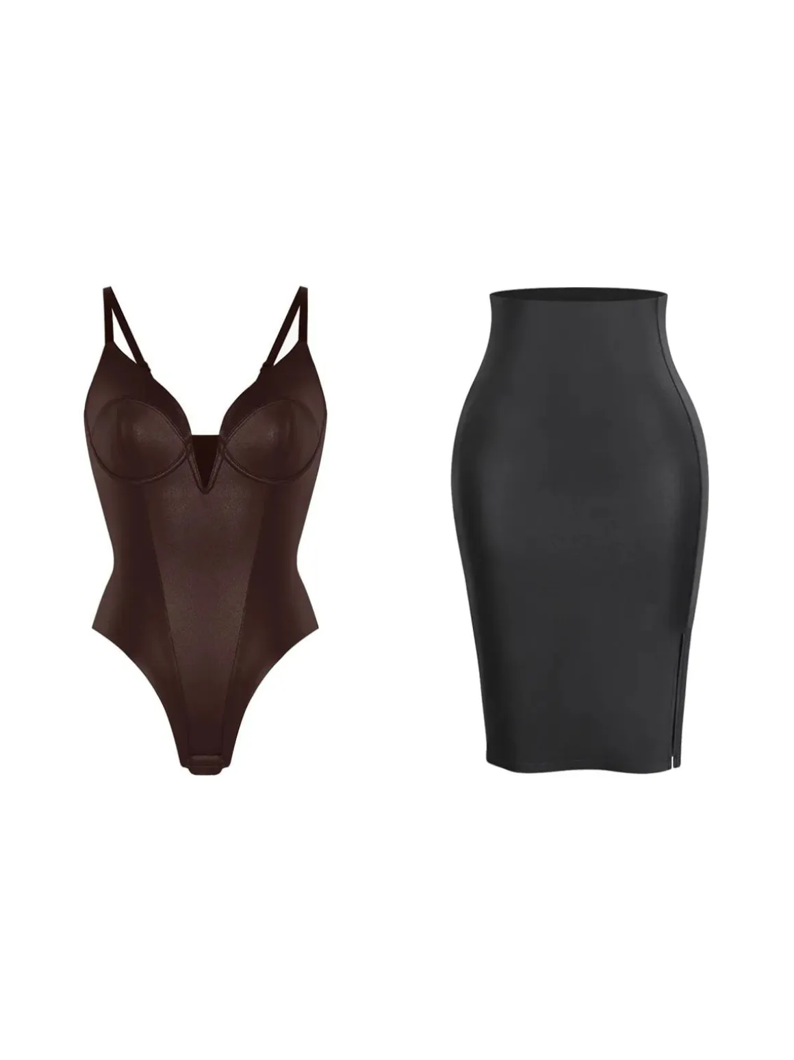Shapewear Deep V-Neck Leather Bodysuit Slit Midi Skirt Set