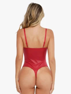 Shapewear Deep V-Neck Leather Bodysuit Slit Midi Skirt Set