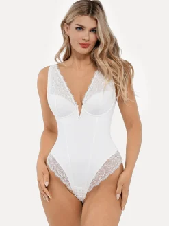 Shapewear Deep V-Neck Sculpting Lace Inset Bodysuit
