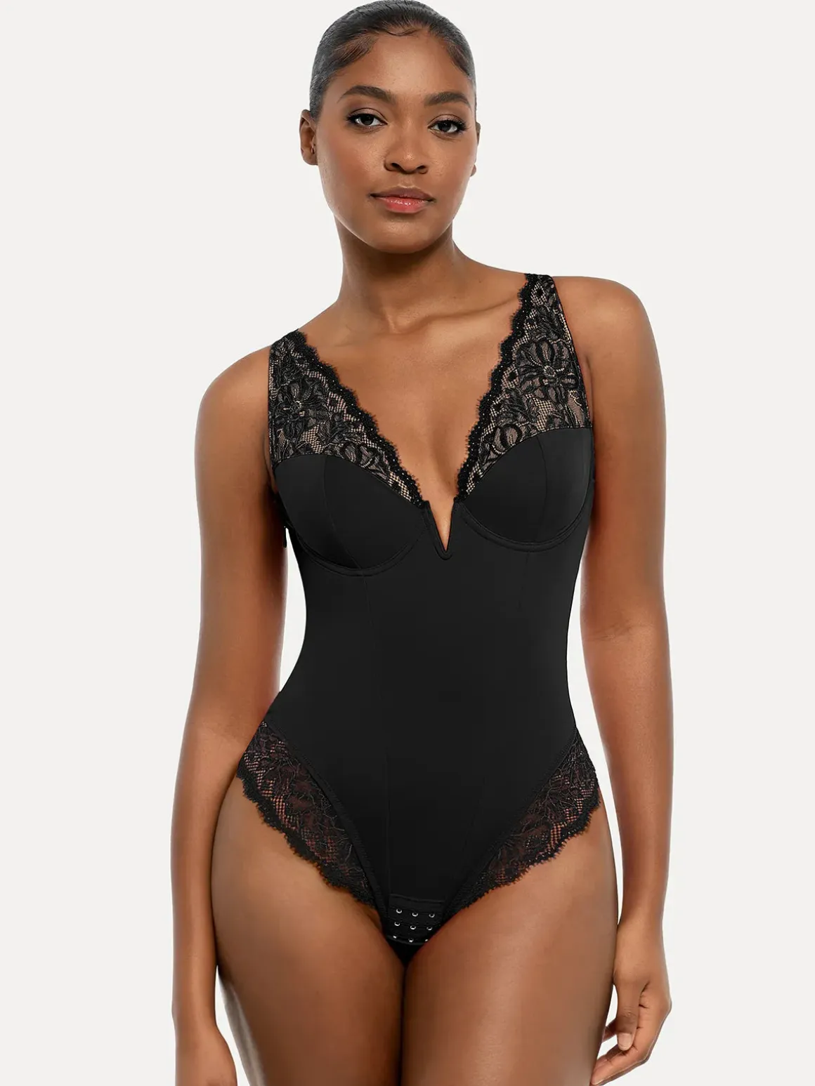 Shapewear Deep V-Neck Sculpting Lace Inset Bodysuit