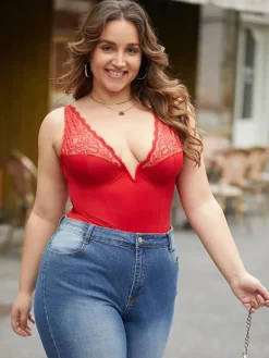 Shapewear Deep V-Neck Sculpting Lace Inset Bodysuit