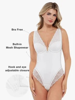 Shapewear Deep V-Neck Sculpting Lace Inset Bodysuit