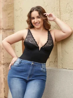 Shapewear Deep V-Neck Sculpting Lace Inset Bodysuit