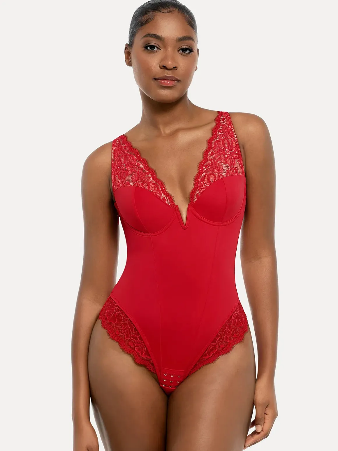 Shapewear Deep V-Neck Sculpting Lace Inset Bodysuit