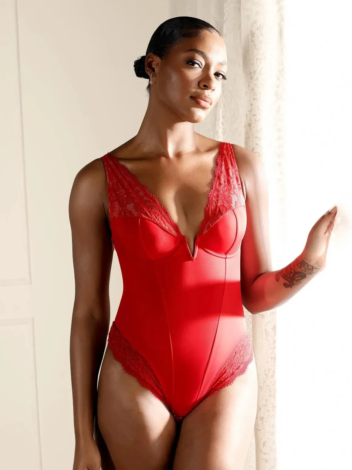 Shapewear Deep V-Neck Sculpting Lace Inset Bodysuit