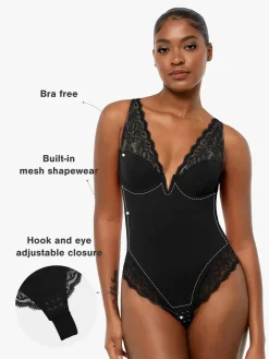 Shapewear Deep V-Neck Sculpting Lace Inset Bodysuit