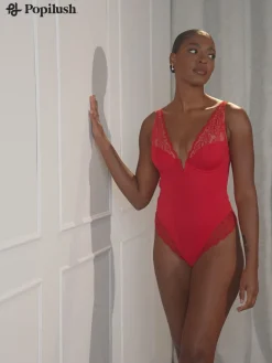 Shapewear Deep V-Neck Sculpting Lace Inset Bodysuit