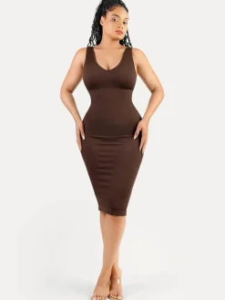Shapewear Deep V-Neck Tummy Control Midi Dress