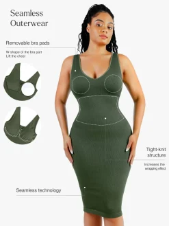 Shapewear Deep V-Neck Tummy Control Midi Dress