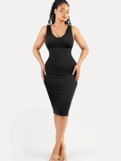Shapewear Deep V-Neck Tummy Control Midi Dress