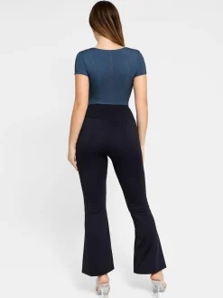 Shapewear Denim Short Sleeve Zip Front Slimming Bodysuit