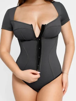Shapewear Denim Short Sleeve Zip Front Slimming Bodysuit