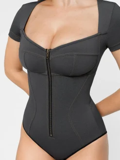 Shapewear Denim Short Sleeve Zip Front Slimming Bodysuit
