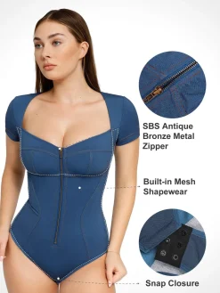 Shapewear Denim Short Sleeve Zip Front Slimming Bodysuit