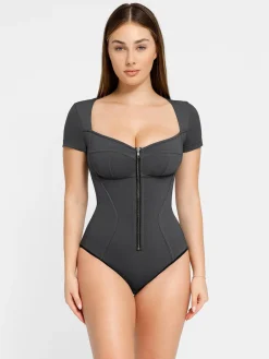 Shapewear Denim Short Sleeve Zip Front Slimming Bodysuit