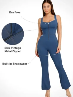 Shapewear Denim Short Sleeve Zip Front Butt Lift Jumpsuit