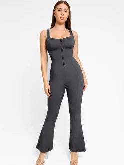 Shapewear Denim Short Sleeve Zip Front Butt Lift Jumpsuit