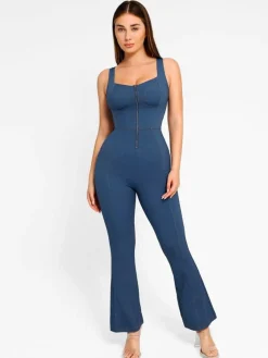 Shapewear Denim Short Sleeve Zip Front Butt Lift Jumpsuit