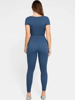 Shapewear Denim Short Sleeve Zip Front Butt Lift Jumpsuit