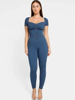 Shapewear Denim Short Sleeve Zip Front Butt Lift Jumpsuit