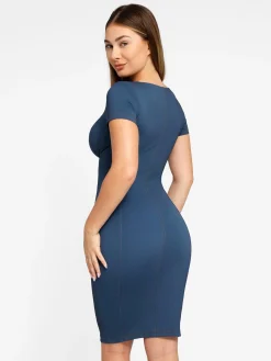 Shapewear Denim Square Neck Tummy Control Midi Dress