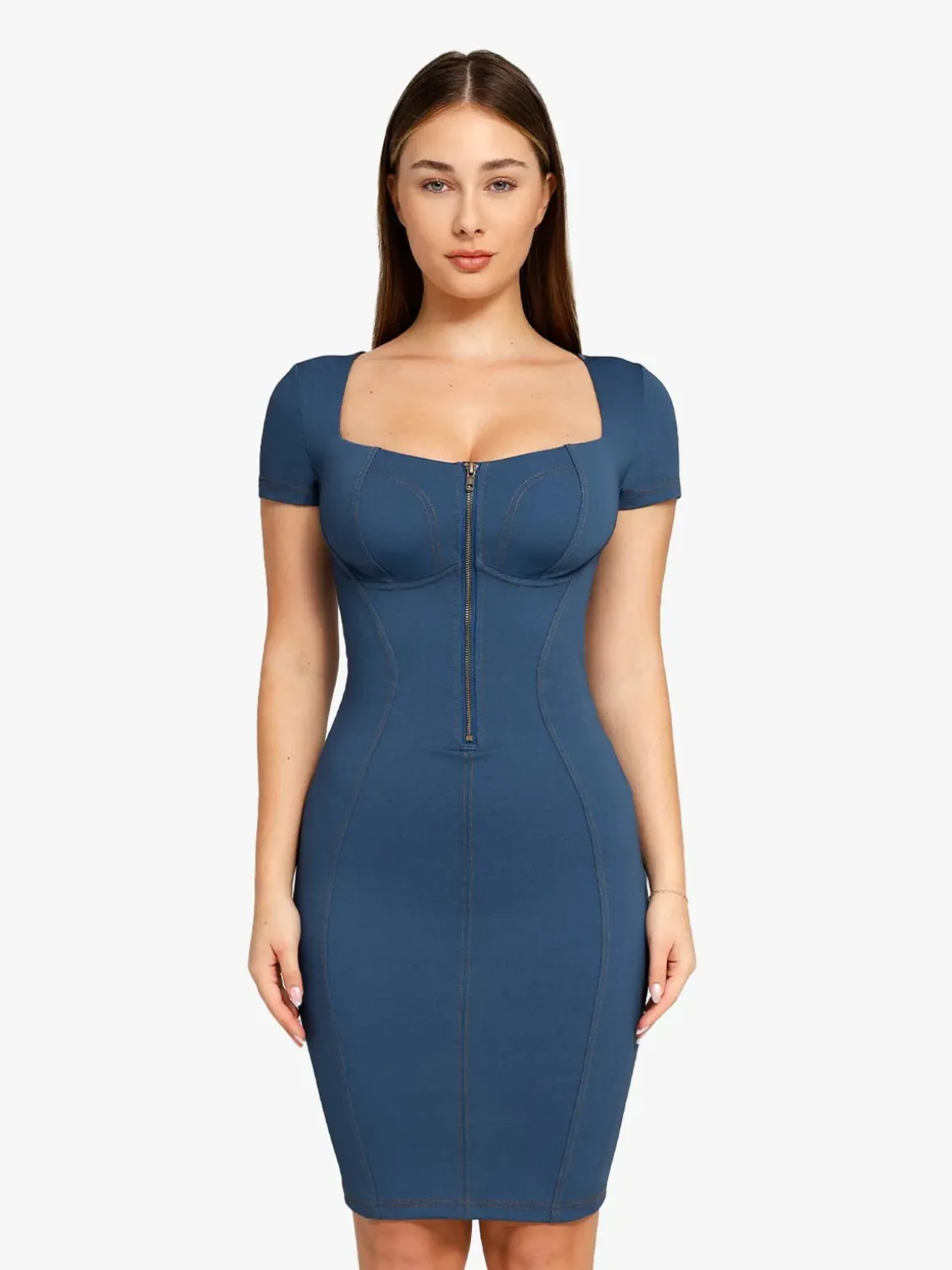 Shapewear Denim Square Neck Tummy Control Midi Dress