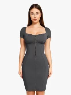 Shapewear Denim Square Neck Tummy Control Midi Dress