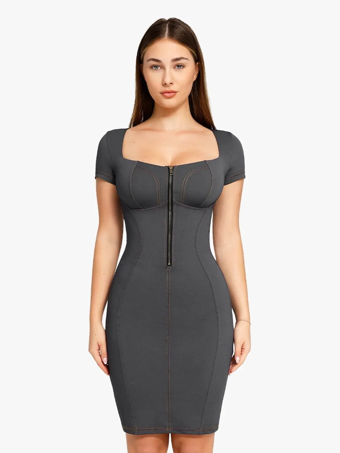 Shapewear Denim Square Neck Tummy Control Midi Dress
