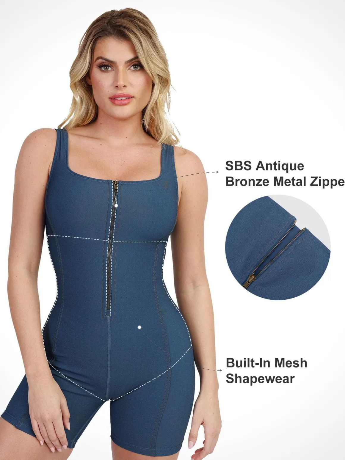 Shapewear Denim Square Neck Zip Front Sculpting Romper