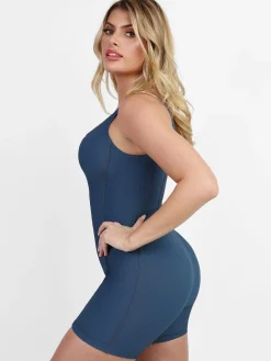 Shapewear Denim Square Neck Zip Front Sculpting Romper