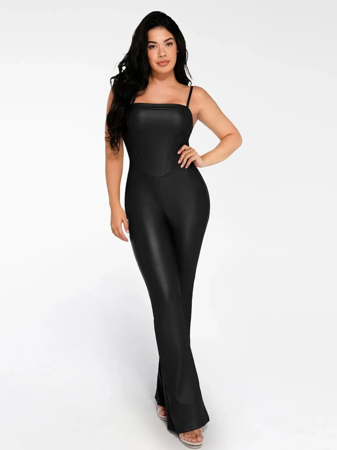 Shapewear Faux Leather Corset Jumpsuit Set
