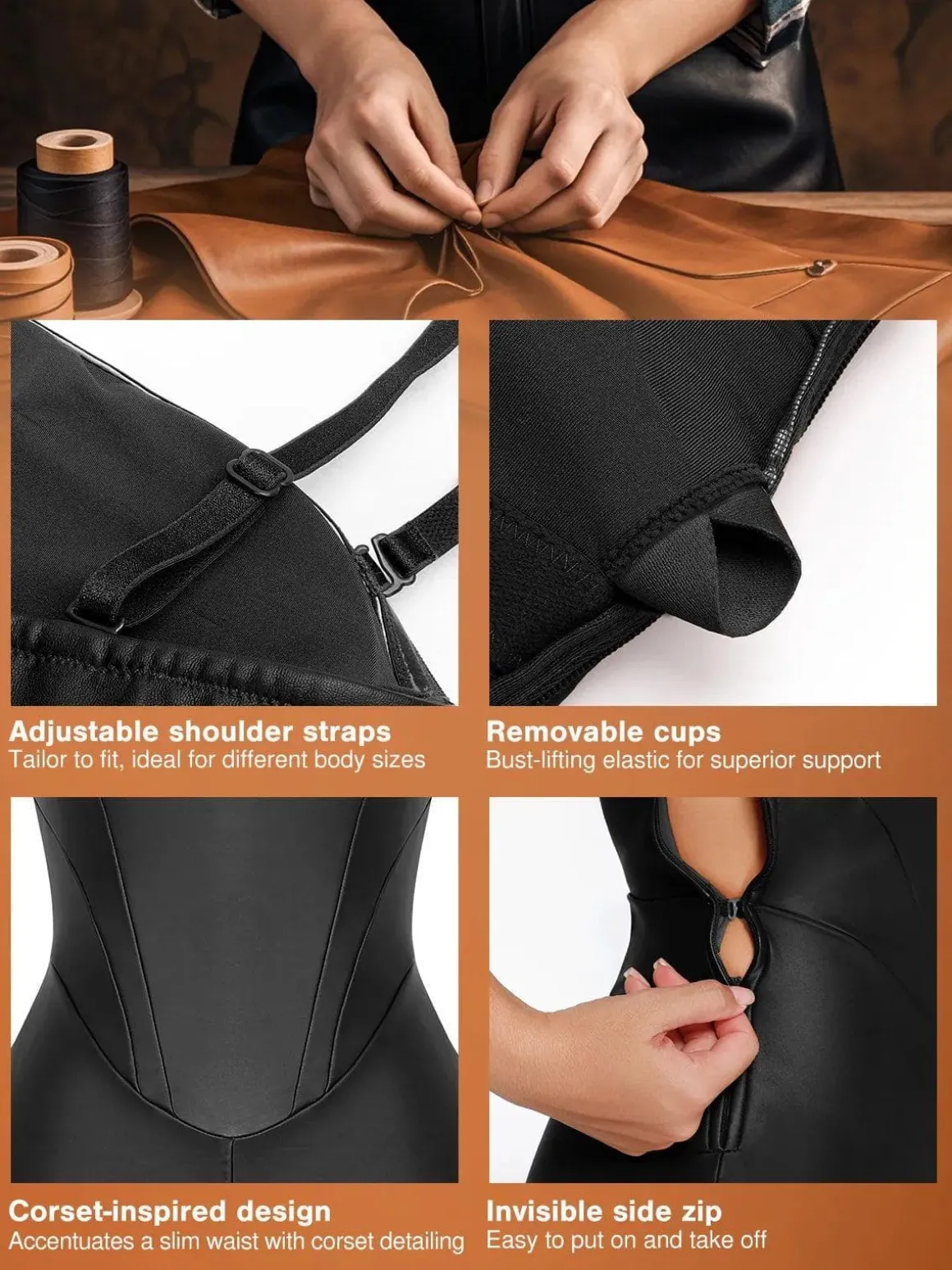 Shapewear Faux Leather Corset Jumpsuit Set