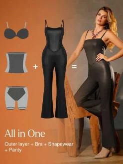 Shapewear Faux Leather Corset Jumpsuit Set