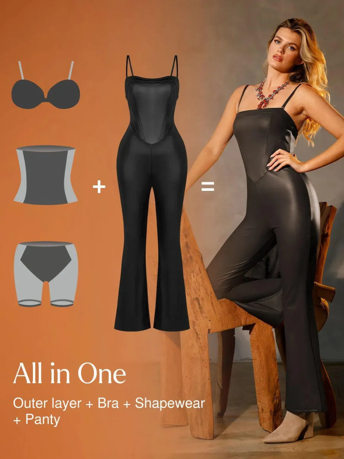 Shapewear Faux Leather Corset Jumpsuit Set