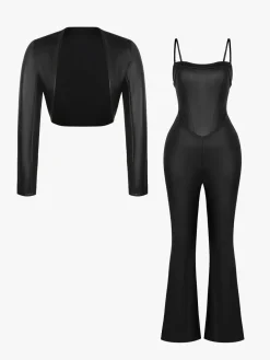 Shapewear Faux Leather Corset Jumpsuit Set