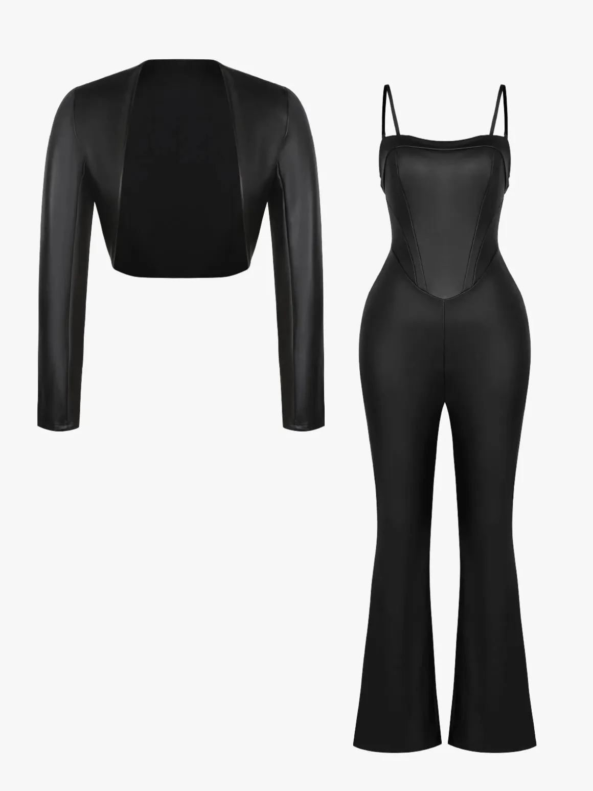 Shapewear Faux Leather Corset Jumpsuit Set