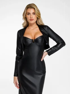 Shapewear Faux Leather Corset Midi Dress Bolero Jacket Set