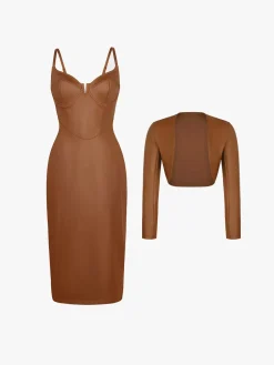 Shapewear Faux Leather Corset Midi Dress Bolero Jacket Set