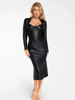 Shapewear Faux Leather Corset Midi Dress Bolero Jacket Set