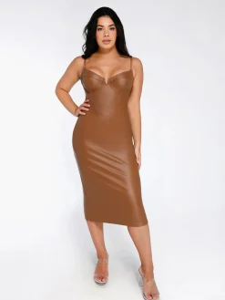 Shapewear Faux Leather Corset Midi Dress Bolero Jacket Set